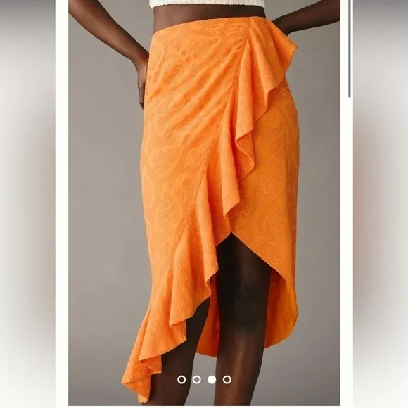 Anthropologie Maeve Slim Ruffle Wrap Skirt in Orange - Size 10 NWT - Picture 3 of 10